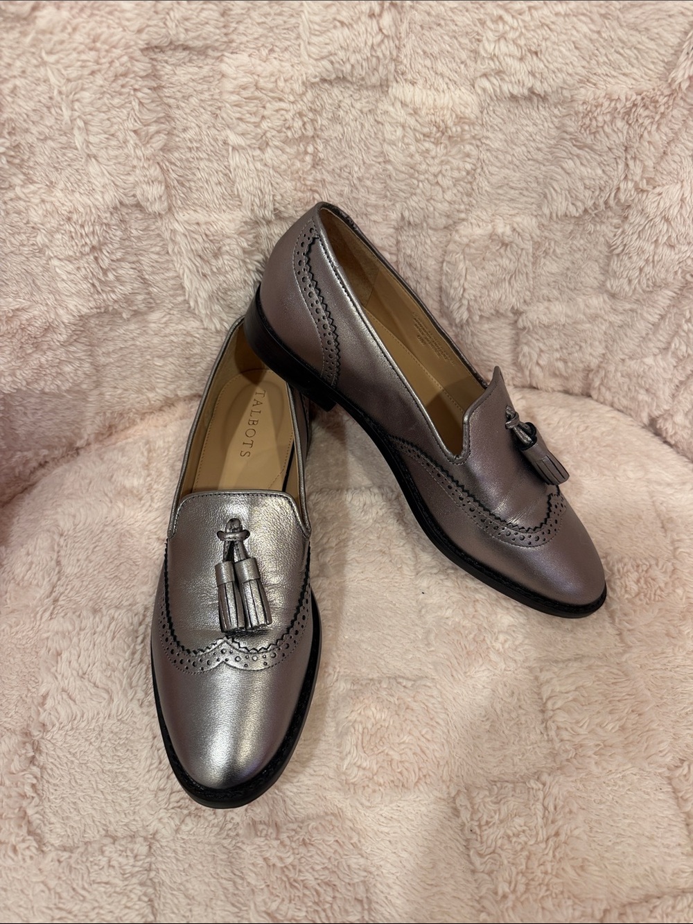 Talbots Leighton Metallic Silver Leather Tassel Brogue Loafers